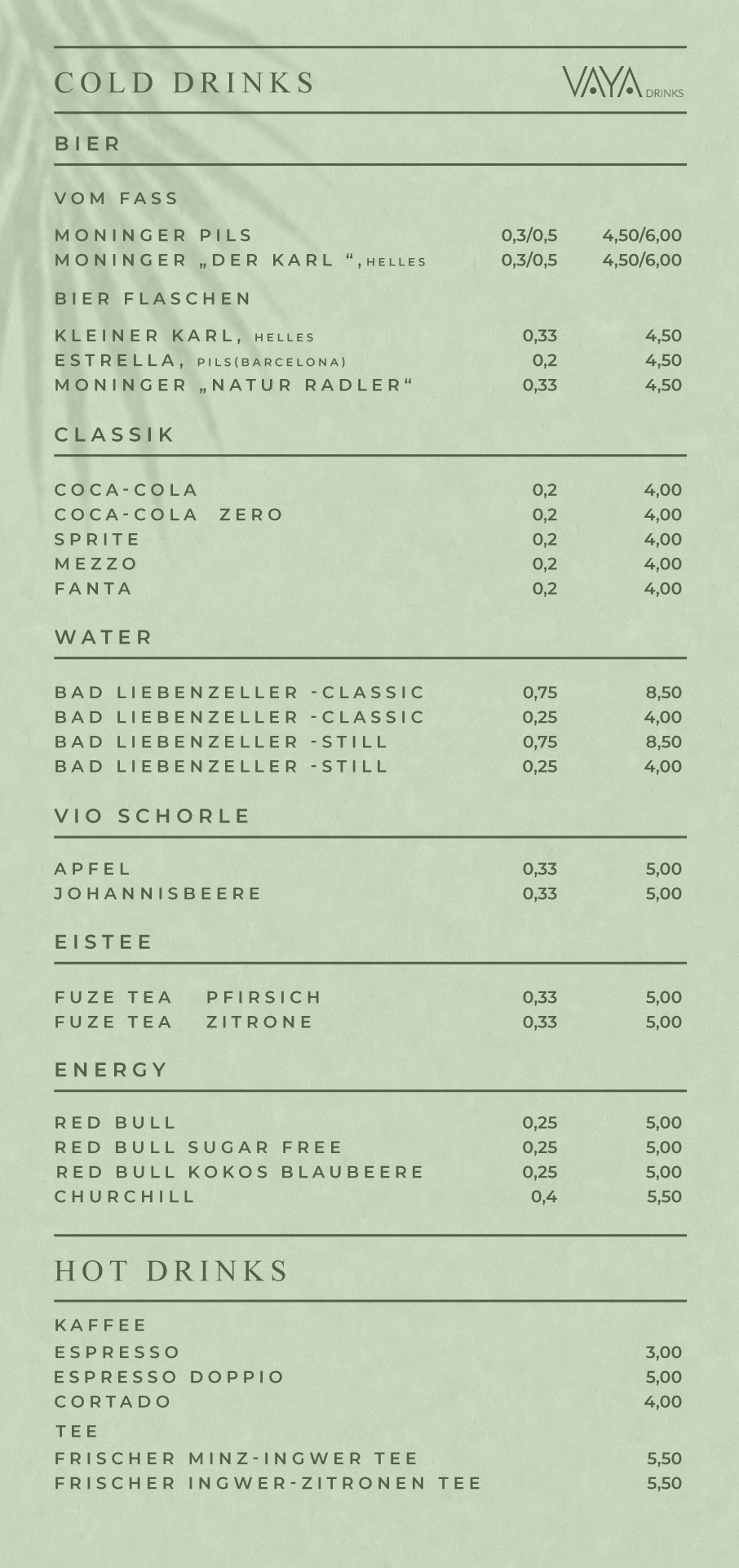 VAYA Drinkkarte Karlsruhe